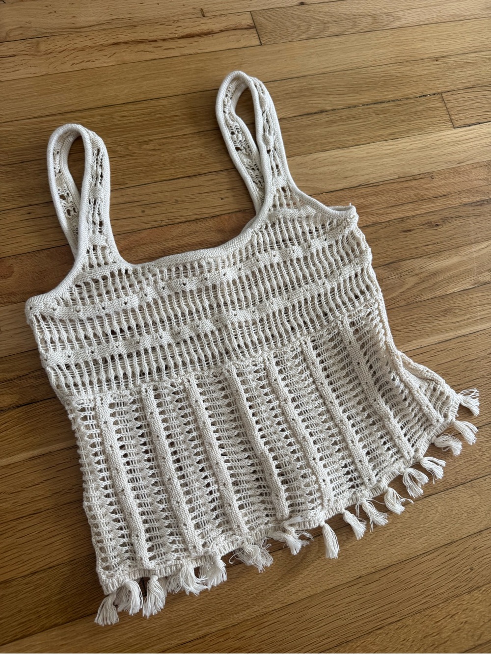 Old Navy Off White Beige Crochet Tank Top with Tassels